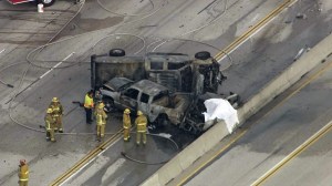 One person was killed in a fiery crash on the 405 Freeway in North Hills on Friday, Nov. 14, 2014. (Credit: KTLA)