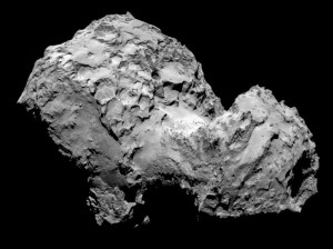 In this handout from the European Space Agency (ESA), the comet Comet 67P/Churyumov-Gerasimenko is seen in a photo taken by the Rosetta spacecraft with the OSIRIS narrow-angle camera Aug. 3, 2014, in space. (Credit: ESA/Rosetta/MPS for OSIRIS Team MPS/UPD/LAM/IAA/SSO/INTA/UPM/DASP/IDA via Getty Images)