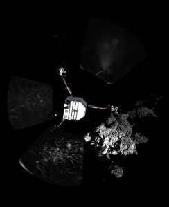 Rosetta’s lander Philae on Nov. 13, 2014, returned the first panoramic image from the surface of a comet. The view, unprocessed, as it has been captured by the CIVA-P imaging system, shows a 360-degree view around the point of final touchdown. The three feet of Philae’s landing gear can be seen in some of the frames. Superimposed on top of the image is a sketch of the Philae lander in the configuration the lander team currently believe it is in. (Credit: ESA/Rosetta/Philae/CIVA)