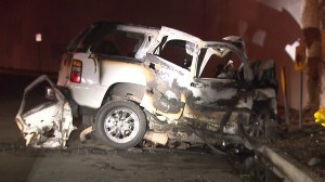 A driver was killed after crashing his SUV in Anaheim during a police pursuit on Nov. 3, 2014, authorities said. (Credit: KTLA)