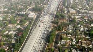 Traffic was backed up on both sides of the 405 Freeway following a fiery crash in North Hills on Friday, Nov. 14, 2014. (Credit: KTLA)