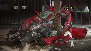 A driver was severely injured when the car he was driving slammed into a pole in downtown Los Angeles on Sunday, Nov. 2, 2014. (Credit: KTLA)