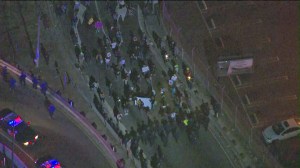 Ferguson grand jury protesters attempted to march onto the 10 Freeway at La Brea Avenue on Monay night. (Credit: KTLA)