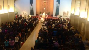 Mourners gathered at Holy Family Cathedral in Orange on Nov. 8, 2014, for the funeral of 13-year-old Andrea Gonzalez. (Credit: Erin Myers/ KTLA)