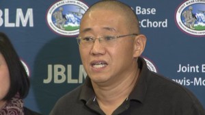 Kenneth Bae, who had been held in North Korea since 2012, talks to reporters after he arrived Saturday, Nov. 8, 2014, at Joint Base Lewis-McChord, Wash. (Photo via CNN)