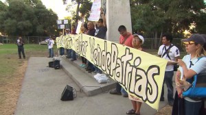 Demonstrators gathered in the Westlake District on Saturday, Nov. 8, 2014, to demand justice for 43 Mexican students who were abducted and reportedly killed. (Credit: KTLA)