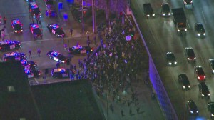 Protesters emerge from under the Jefferson Boulevard 110 Freeway overpass to face LAPD officers on Nov. 25, 2014. (Credit: KTLA)