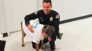 Reiko is seen with his handler and partner, Officer Bryan Rodriguez, as he heads home. (Credit: KTLA)