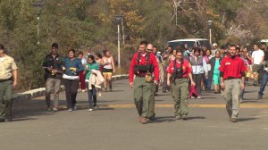 Altadena Mountain Rescue volunteers return after helping to save a group of hikers stranded in Eaton Canyon on Nov. 10, 2014. (Credit: KTLA)