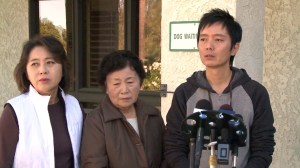 Sunny Oh, Sun Ho Lee and Johnny Lee asked for help finding Sa Lee at a news conference at Laguna Woods City Hall on Nov. 25, 2014. (Credit: KTLA)