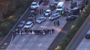 Protesters walked onto the northbound 5 Freeway and blocked traffic on Wednesday, Nov. 26, 2014. (Photo via KSWB)
