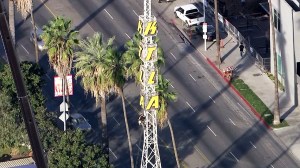 Work was underway Monday to take down the iconic KTLA radio tower. (Credit: KTLA)