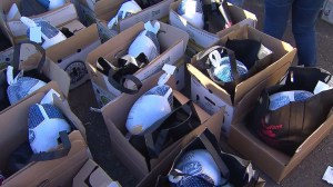 Boxes full of turkeys and trimmings were expected to be handed out during the E.J. Jackson Foundation's annual turkey giveaway Tuesday, Nov. 25, 2014. (Credit: KTLA)