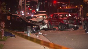 Multiple vehicles were involved in a collision in Alhambra on Dec. 14, 2014. (Credit: KTLA)