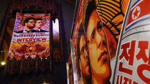 Movie posters for the premiere of the film 'The Interview' at The Theatre at Ace Hotel in Los Angeles, California on December 11, 2014. (Credit: AFP/Getty Images)