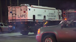 An LAPD mobile command post was set up after two officers were fired upon in South L.A. on Dec. 28, 2014. (Credit: KTLA) 