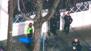 Three people have been shot at Rosemary Anderson High School in Portland, Oregon, Lt. Rich Tyler of the Portland Fire Department said Friday. (Credit: KPTV via CNN Wire)