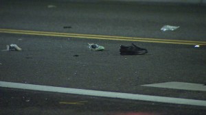 Shoes, items of clothing and various other objects littered the roadway after an alleged DUI driver drove through a group of pedestrians outside a Redondo Beach Church on Dec. 17, 2014. (Credit: KTLA) 