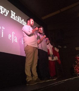 Evan Goldberg and Seth Rogen speak to viewers of 12:30 a.m. screening of "The Interview" at Cinefamily in L.A.'s Fairfax district on Dec. 25, 2014. (Credit: Kirk Hawkins/KTLA)