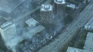 Sky5 aerial footage showed a badly damaged seven-story apartment complex in downtown L.A. that caught fire Dec. 8, 2014. (Credit: KTLA) 