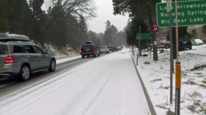 Traffic was backed up outside of Lake Arrowhead on Highway 18 on Dec. 30, 2014.  (Credit: KTLA)