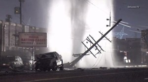 Power was out in a portion of Sun Valley on Dec. 19, 2014, after a Chevrolet Avalanche crashed into multiple power poles and a fire hydrant. (Credit: OnScene TV) 