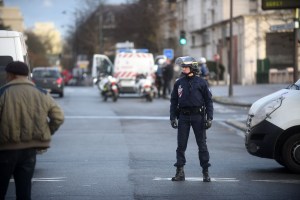 Police mobilize with reports of a hostage situation at Port de Vincennes on Jan. 9, 2015, in Paris. A huge manhunt for the two suspected gunmen in Wednesday's deadly attack on Charlie Hebdo magazine was in its third day. (Credit: Antoine Antoniol/Getty Images)