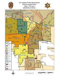 A map released by LAPD shows sexual assaults linked to the "Teardrop Rapist" from 1996 to 2011. 