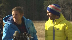 Tommy Caldwell, left, and Kevin Jorgeson speak to reporters in Yosemite Valley on Jan. 15, 2015, a day after they completed the Dawn Wall climb of El Capitan. (Credit: CNN)