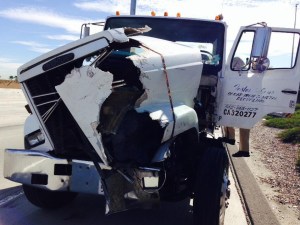 One of two big rigs that collided with a bus in Hacienda Heights on Jan. 7, 2015, is pictured. (Credit: Dave Mecham/ KTLA)