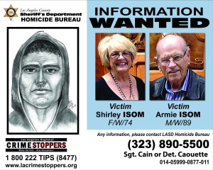 A Sheriff's Department flier shows homicide victims Shirley and Troy Isom and a sketch of a man seen leaving the scene. 