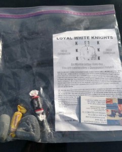 The Santa Ana Police Department provided this photo of a Ziploc bag filled with candy, two rocks, anti-Martin Luther King Jr. sentiments and a KKK business card on Jan. 19, 2015. It was one of about 40 found in front of Santa Ana homes on Martin Luther King Jr. Day. 