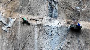 Tommy Caldwell, left, and Kevin Jorgeson climb Pitch 15 on Yosemite National Park's El Capitan rock formation Friday. (Credit: Tom Evans/elcapreport.com)