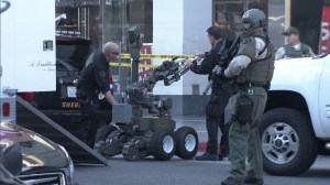 A bomb squad robot was being deployed outside the Hollywood/Highland Metro station on Jan. 13, 2015. (Credit: KTLA)