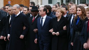  Israeli Prime Minister Benjamin Netanyahu, French President Francois Hollande, German Chancellor Angela Merkel and Queen Rania of Jordan attend a mass unity rally following the recent Paris terrorist attacks on January 11, 2015 in Paris, France.  (Credit: Dan Kitwood/Getty Images)