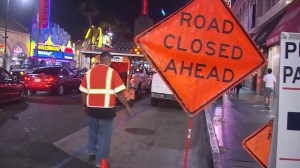 In preparation for the 87th Academy Awards, transportation crews began shutting down streets near the Dolby Theatre in Hollywood on Sunday, Feb. 15, 2015. (Credit: KTLA)