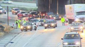 A pedestrian was fatally struck by a vehicle on the 5 Freeway in Boyle Heights on Feb. 23, 2015. (Credit: KTLA)