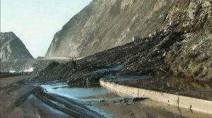 A photo on display by Caltrans at the PCH reopening on Feb. 27, 2015, showed debris that was removed from the roadway. (Credit: KTLA)