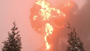 A massive fireball was visible in the skies over West Virgina after a train carrying more than 100 hundred tankers of crude oil derailed. (Credit: CNN) 