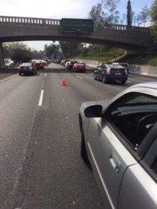 This cone was one of several placed in the middle of the 101 Freeway illegal on Feb. 26, 2015, according to witnesses. (Credit: Nerissa Knight / KTLA)