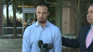 Ricardo Medina stands alongside attorney Allen Bell after being released from jail in the Antelope Valley on Feb. 3, 2015. (Credit: KTLA)