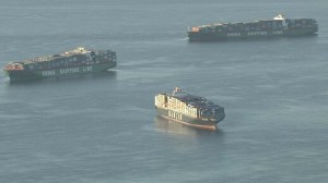 Container ships wait outside the ports of Los Angeles and Long Beach, where congestion has been building for months. (Credit: KTLA)