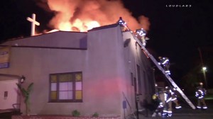 Firefighters attacked a dramatic blaze at a historical church in Riverside on Sunday, Feb. 1, 2015. (Credit: Loudlabs)