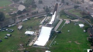 A 450-foot big-air jump gets a layer of snow on Feb. 20, 2015, a day before Air + Style begins next to the Rose Bowl. (Credit: KTLA)