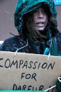 Kayla Mueller, a 26-year-old humanitarian worker from Prescott, Arizona, was taken hostage in August 2013 in Aleppo, Syria, as she left a Doctors Without Borders hospital, her family said. She is shown at a Darfur rally on April 3, 2009. (Credit: The Lumberjack/Casey Myrick)