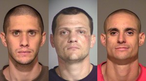 From left, Brian Arthur Wendork, 25, Brian Eugene Stewart, 32, and Nicholas Bobby Petrov, 28, are seen in booking photos. (Credit: Simi Valley Police Department)