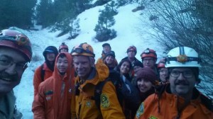 UCLA students are seen with members of a sheriff's search and rescue team in the San Gabriel Mountains on Sunday, Feb. 8, 2015.  (Credit: Los Angeles County Sheriff's Department)