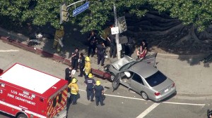 A pedestrian was struck across the street from USC Thursday. (Credit: KTLA)