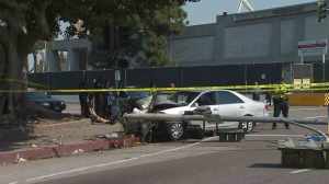 The vehicle that struck four pedestrians across from USC on Feb. 26, 2015, was left seriously damaged. (Credit: KTLA)