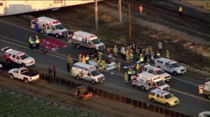 A triage area was setup to assist those injured after a train struck a vehicle in Ventura County on Feb. 24, 2015. (Credit: KTLA)